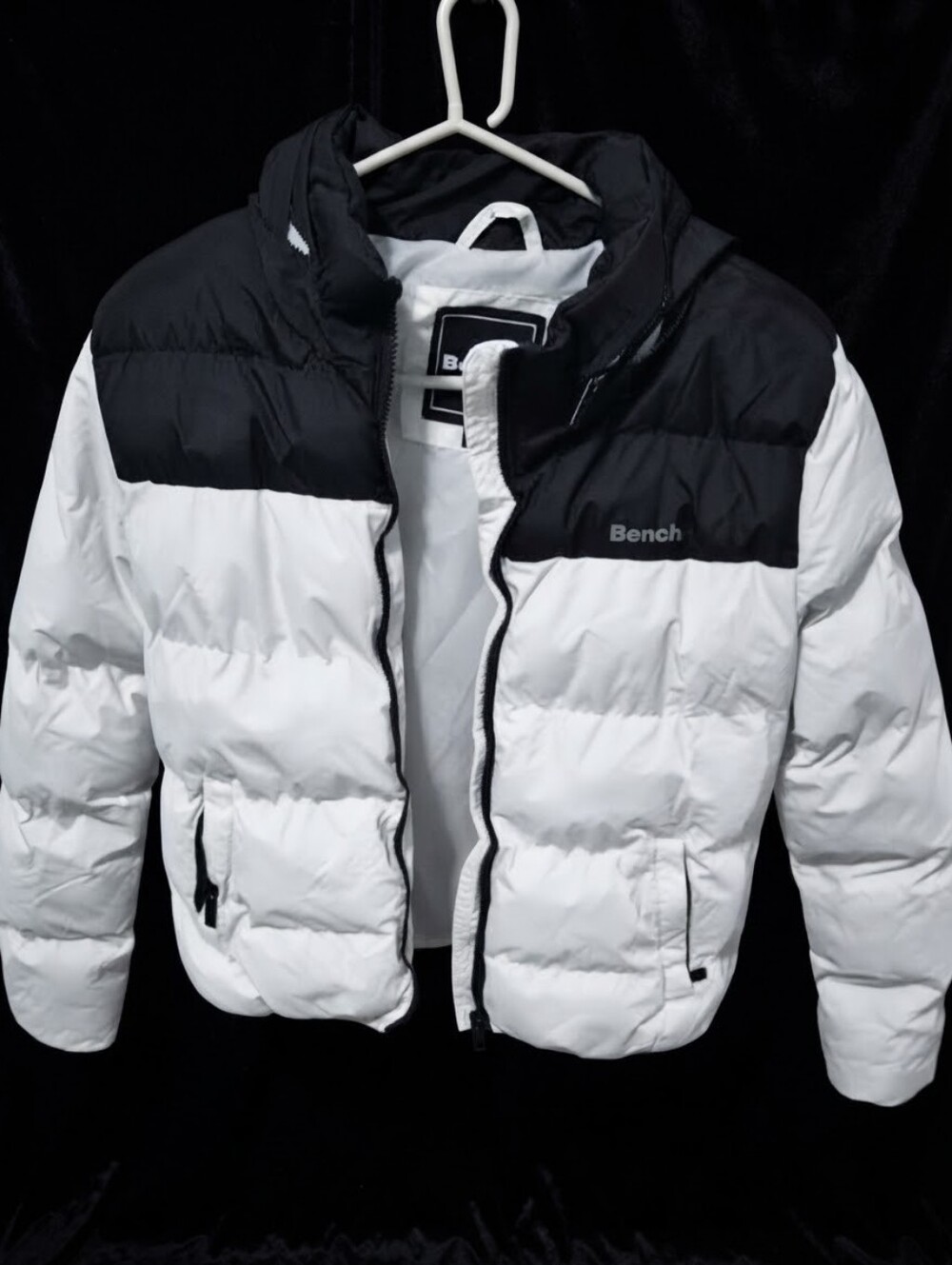 Bench Black and White Hooded Colorblock Puffer Jacket